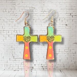 Vibrant Colorful Heart Cross Earrings